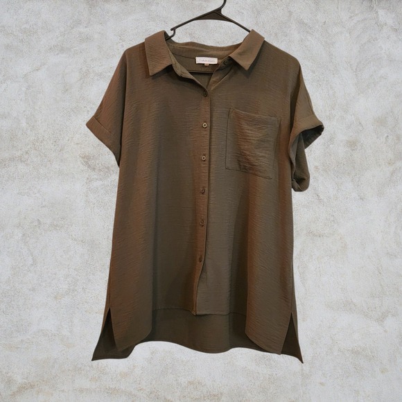 Calvin Klein Button Down Shirt | Olive Green, Short Sleeve | Women's Size L - Picture 1 of 6